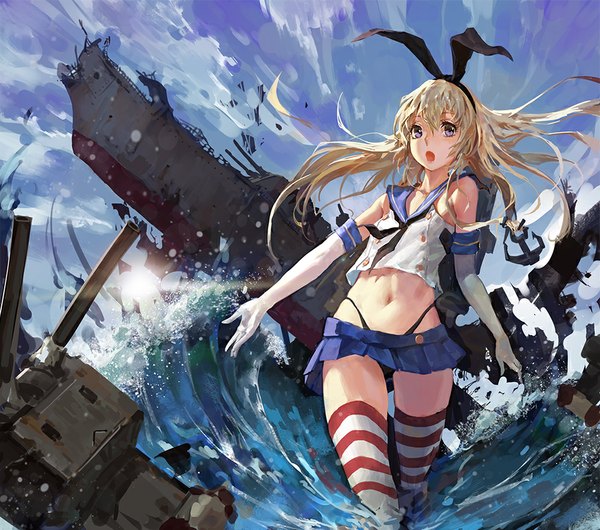 Аниме картинка 1000x884 с флотская коллекция shimakaze destroyer rensouhou-chan cancer (zjcconan) длинные волосы смотрит на зрителя лёгкая эротика светлые волосы голый живот серые глаза zettai ryouiki :< девушка чулки юбка перчатки пупок украшения для волос нижнее бельё трусики