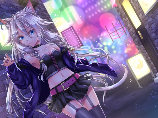 Anime picture 7559x5669 with vocaloid ia (vocaloid) routo (rot 0) single long hair looking at viewer fringe highres breasts hair between eyes standing animal ears blue hair absurdres cleavage ahoge outdoors white hair tail braid (braids)