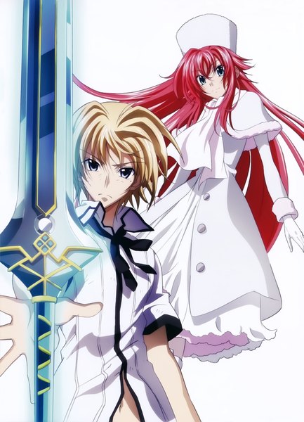 Anime picture 3457x4788 with highschool dxd rias gremory kiba yuuto tall image looking at viewer blush fringe highres short hair blue eyes simple background blonde hair white background absurdres red hair very long hair light smile scan official art outstretched arm