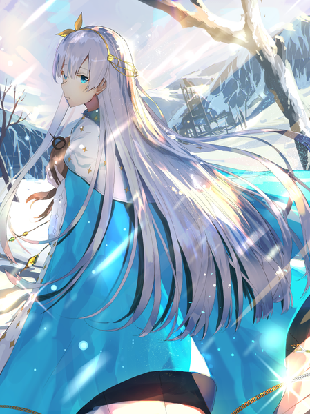 Anime picture 822x1098 with fate (series) fate/grand order anastasia (fate) akamizuki (akmzk) single long hair tall image looking at viewer blush blue eyes sky silver hair outdoors looking back sparkle mountain girl plant (plants) tree (trees) mantle