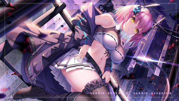 Anime picture 1181x664 with original sannio single looking at viewer fringe short hair breasts light erotic smile hair between eyes wide image large breasts standing signed yellow eyes payot pink hair sky cloud (clouds) outdoors