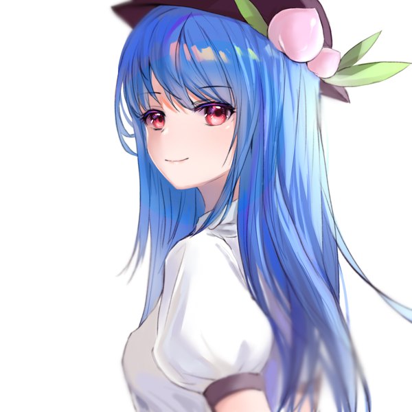 Anime picture 2048x2048 with touhou hinanawi tenshi shumuji single long hair looking at viewer highres smile red eyes blue hair upper body puffy sleeves girl hat fruit peach