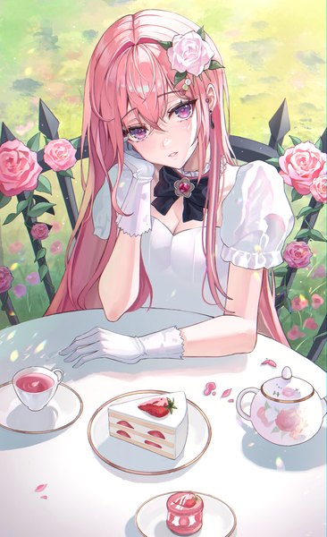 Anime picture 883x1447 with original poise single long hair tall image looking at viewer fringe breasts hair between eyes pink hair cleavage outdoors parted lips pink eyes from above short sleeves anaglyph head rest girl flower (flowers)