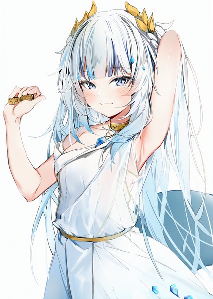 Anime picture 2450x3440 with virtual youtuber hololive hololive english gawr gura gawr gura (3rd costume) silver (chenwen) single long hair tall image looking at viewer blush highres blue eyes simple background standing white background holding silver hair tail multicolored hair