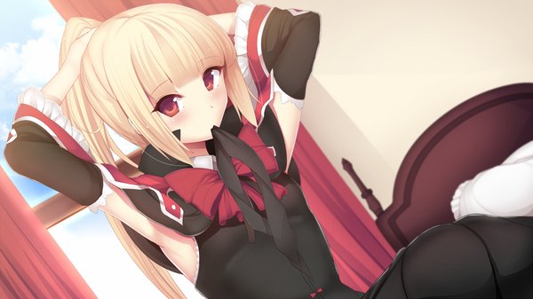 Anime picture 1280x720 with blazblue rachel alucard daiaru single long hair blush blonde hair red eyes wide image holding ponytail dutch angle mouth hold ribbon in mouth girl ribbon (ribbons) detached sleeves window bowtie bed