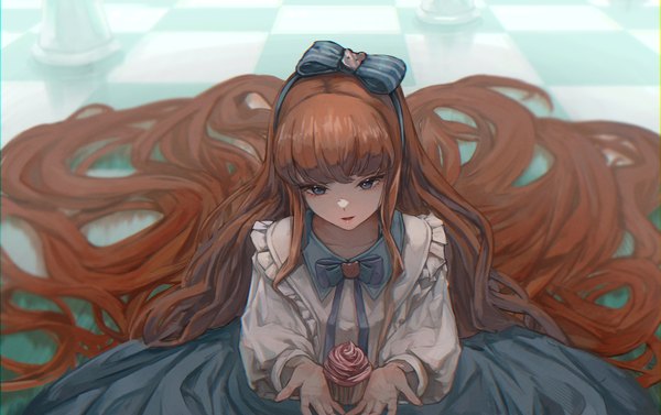 Anime picture 2806x1761 with reverse:1999 baby blue koongsim single fringe highres blue eyes very long hair from above orange hair checkered floor floor freckles girl bow hair bow food sweets blouse cupcake