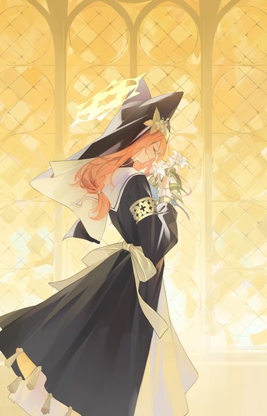 Anime picture 2200x3425 with blue archive mari (blue archive) iranon (new iranon) single long hair tall image highres eyes closed profile orange hair nun girl flower (flowers) window halo bouquet habit