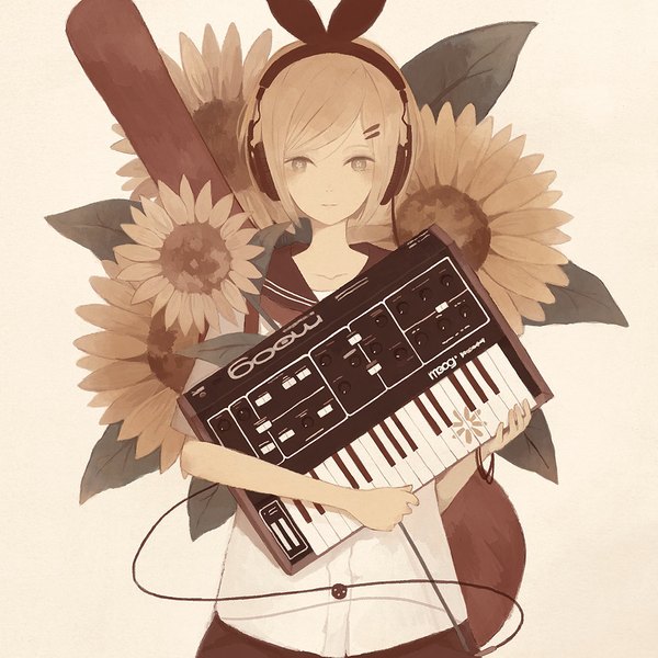 Anime picture 1000x1000 with vocaloid kagamine rin maumau single looking at viewer blush short hair blonde hair standing holding girl hair ornament bracelet headphones bobby pin jewelry musical instrument sailor suit wire (wires) sunflower