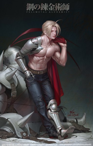Anime picture 900x1418 with fullmetal alchemist studio bones edward elric alphonse elric in-hyuk lee long hair tall image looking at viewer simple background blonde hair standing holding brown eyes signed full body ahoge braid (braids) realistic multiple boys copyright name