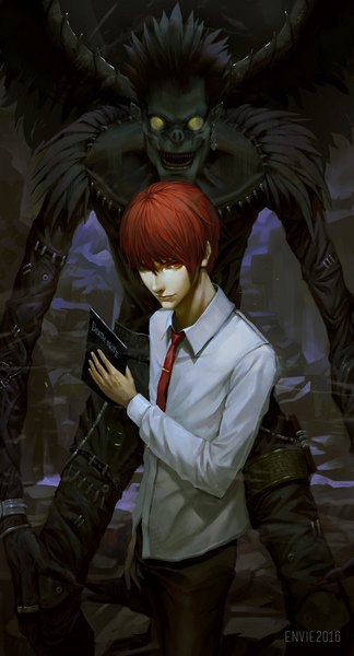 Anime picture 1191x2207 with death note madhouse yagami light ryuk envie (wimi1115) tall image looking at viewer fringe short hair open mouth black hair smile hair between eyes red eyes brown hair standing holding signed yellow eyes pointy ears