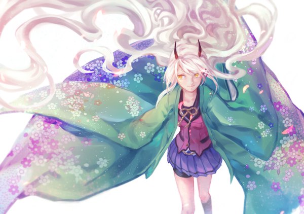 Anime picture 2480x1748 with shinken!! onimaru tsuna c piao jun single highres simple background smile white background yellow eyes looking away white hair very long hair traditional clothes japanese clothes pleated skirt horn (horns) wind floral print girl skirt