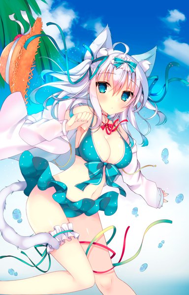 Anime picture 602x940 with original satsuki mayuri single long hair tall image looking at viewer fringe breasts blue eyes light erotic hair between eyes large breasts bare shoulders animal ears sky cleavage cloud (clouds) ahoge white hair tail