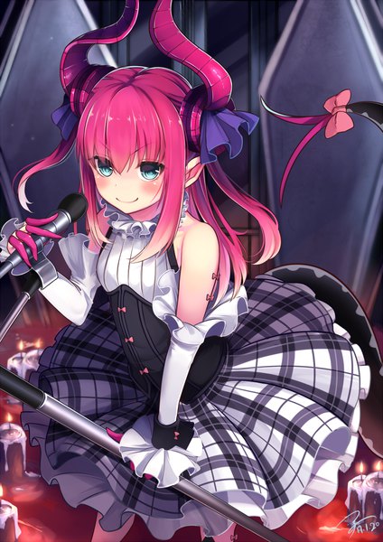 Anime picture 706x1000 with fate (series) fate/extra fate/extra ccc elizabeth bathory (fate) (all) elizabeth bathory (fate) kito koruta single long hair tall image looking at viewer blush smile standing twintails bare shoulders holding signed payot pink hair pleated skirt