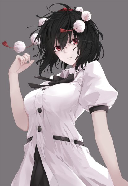 Anime picture 1000x1450 with touhou shameimaru aya cloudy.r single tall image looking at viewer short hair black hair red eyes grey background girl shirt pom pom (clothes)