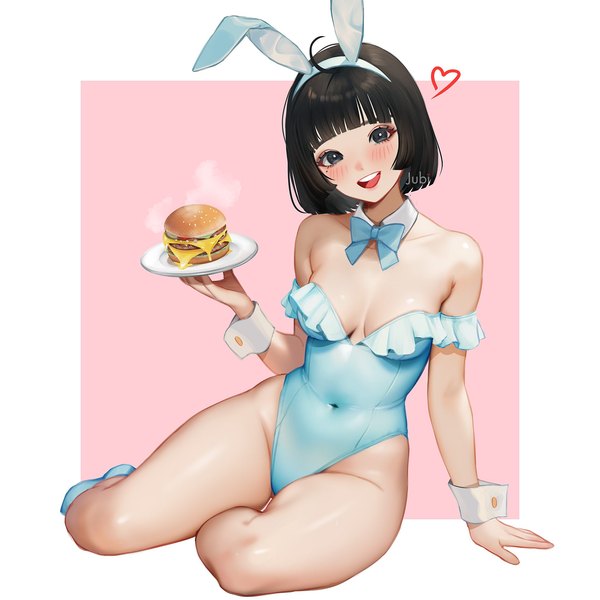 Anime picture 2048x2048 with real life zsa resty margana jubi (regiana) single looking at viewer fringe highres short hair breasts open mouth light erotic black hair simple background smile sitting signed animal ears blunt bangs head tilt black eyes
