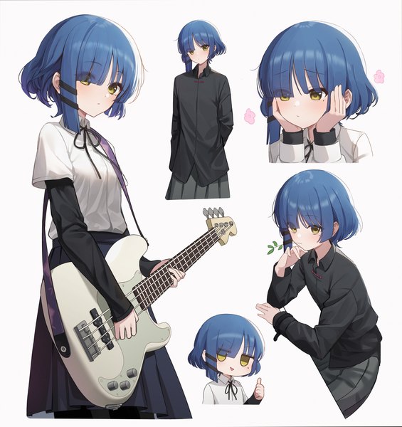 Anime picture 2700x2867 with bocchi the rock! cloverworks yamada ryou lunia tall image fringe highres short hair simple background white background holding yellow eyes blue hair hair over one eye mole mole under eye mouth hold multiview head rest playing instrument