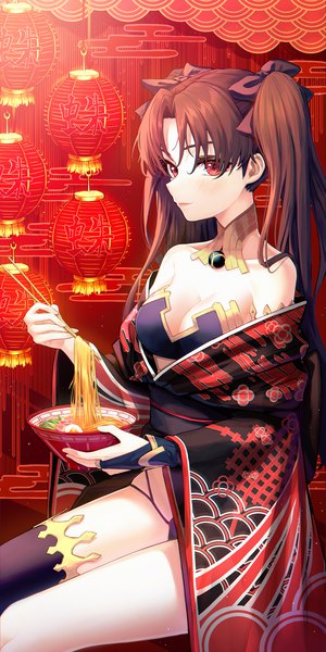 Anime picture 1772x3544 with fate (series) fate/grand order ishtar (fate) huskk single long hair tall image looking at viewer highres breasts light erotic red eyes brown hair large breasts sitting twintails egasumi seigaiha girl thighhighs