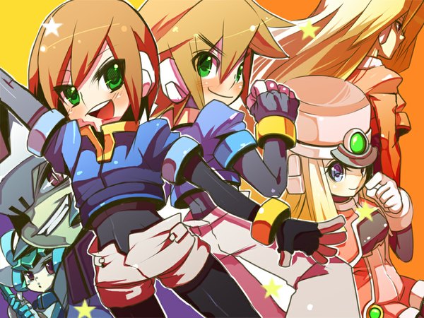 Anime picture 1024x768 with rockman rockman zx aile (rockman) vent (rockman) pandora (rockman) prometheus (rockman) girouette (rockman) prairie (rockman) fujitsuna short hair simple background brown hair multiple girls green eyes multiple boys spandex girl boy 3 girls 3 boys