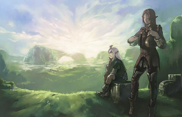 Anime picture 1186x769 with final fantasy final fantasy xi square enix elvaan aoin long hair sitting sky cloud (clouds) white hair red hair eyes closed profile pointy ears crossed legs scenic girl boy flower (flowers) plant (plants)