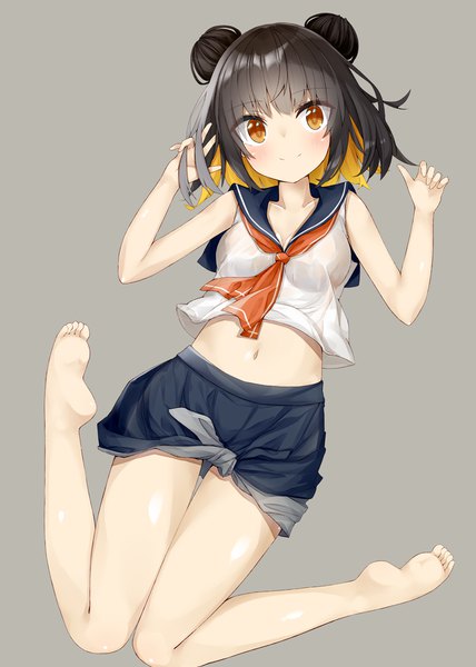 Anime picture 800x1122 with original kavka single tall image looking at viewer blush fringe short hair light erotic black hair simple background blonde hair smile yellow eyes multicolored hair barefoot grey background two-tone hair midriff hair bun (hair buns)