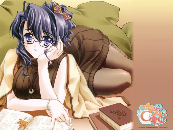 Anime picture 1600x1200 with quilt (game) ena (quilt) carnelian single long hair looking at viewer purple eyes purple hair light smile wallpaper copyright name reclining clothes on shoulders chin rest girl hair ornament pantyhose glasses bracelet pendant
