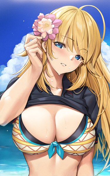 Anime picture 750x1200 with idolmaster idolmaster shiny colors hachimiya meguru tony guisado single long hair tall image looking at viewer blush fringe breasts blue eyes light erotic blonde hair large breasts sky cleavage cloud (clouds) upper body ahoge