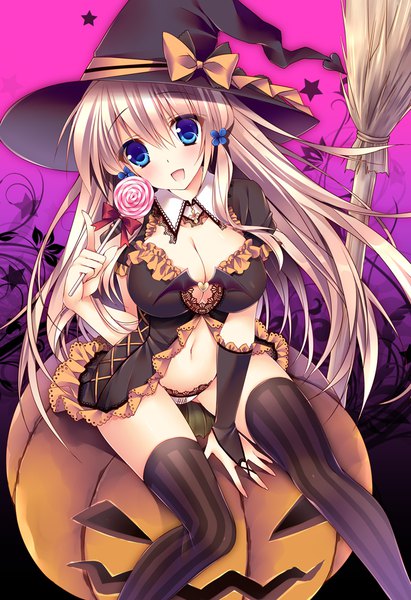 Anime picture 679x990 with original traene (sorai shin'ya) sorai shin'ya single long hair tall image looking at viewer blush fringe breasts open mouth blue eyes light erotic blonde hair smile hair between eyes large breasts sitting holding cleavage