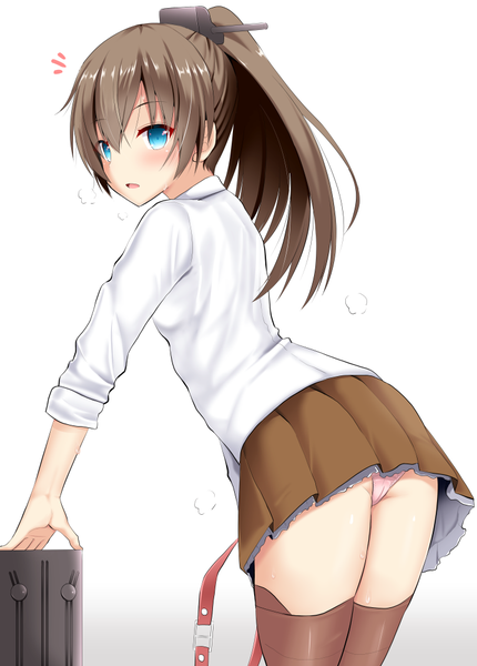 Anime picture 717x1000 with kantai collection kumano heavy cruiser takeyuu single long hair tall image blush fringe open mouth blue eyes light erotic simple background hair between eyes brown hair white background looking away ass ponytail pleated skirt pantyshot