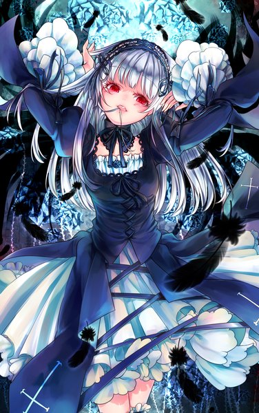 Anime picture 1409x2245 with rozen maiden suigintou kyara36 single long hair tall image looking at viewer blush silver hair pink eyes black wings lolita fashion goth-loli girl dress ribbon (ribbons) wings feather (feathers) headscarf