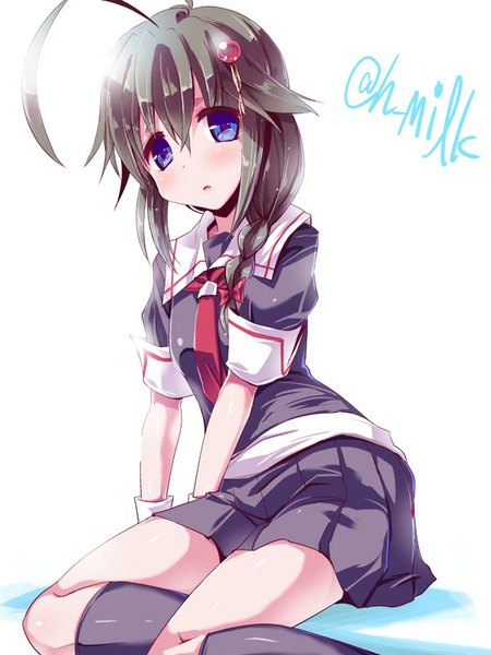 Anime picture 600x800 with kantai collection shigure destroyer miuku (marine sapphire) single long hair tall image blush open mouth blue eyes simple background white background signed ahoge braid (braids) remodel (kantai collection) girl gloves uniform hair ornament school uniform