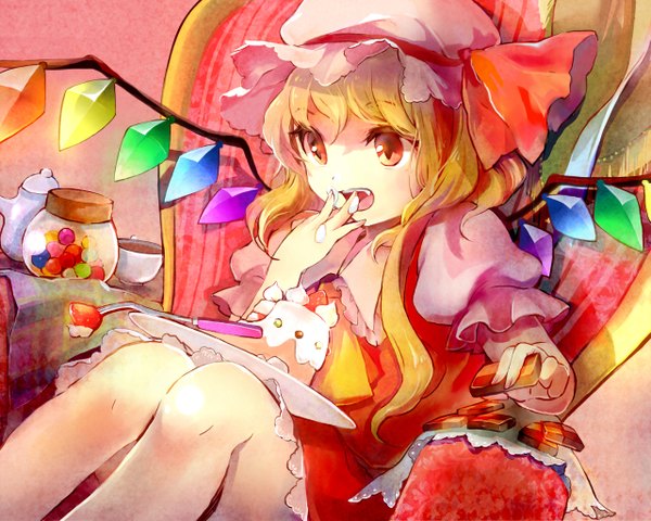 Anime picture 1280x1024 with touhou flandre scarlet i wanna (artist) single short hair open mouth blonde hair red eyes looking away girl dress wings food sweets bonnet cup berry (berries) crystal cake strawberry