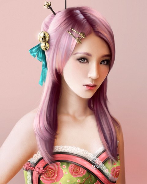 Anime picture 1000x1250 with gothic-icecream single long hair tall image simple background bare shoulders pink hair lips grey eyes pink background girl hair ornament hairclip