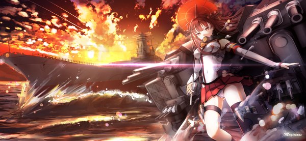 Anime picture 4320x2000 with kantai collection yamato super battleship magicians (zhkahogigzkh) single long hair looking at viewer highres light erotic brown hair wide image brown eyes sky cloud (clouds) ponytail traditional clothes japanese clothes pantyshot girl thighhighs skirt