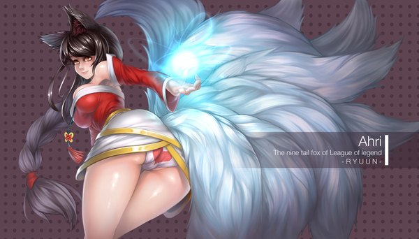Anime picture 1960x1120 with league of legends ahri (league of legends) ryun (artist) single long hair highres breasts light erotic black hair wide image large breasts brown eyes animal ears ass tail light smile legs magic multiple tails girl