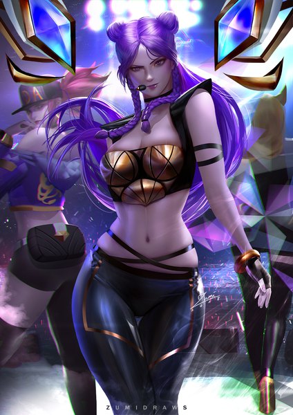 Anime picture 764x1080 with league of legends k/da (league of legends) ahri (league of legends) akali (league of legends) k/da akali k/da ahri kai'sa k/da kai'sa zumi (zumidraws) long hair tall image looking at viewer breasts blonde hair brown hair purple eyes multiple girls signed animal ears cleavage