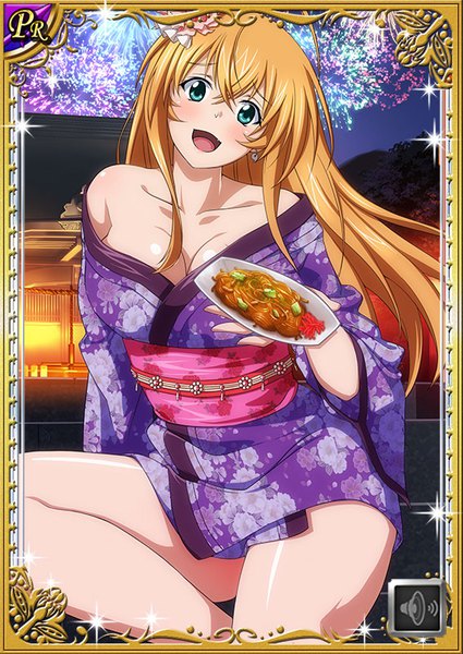 Anime picture 567x800 with ikkitousen sonsaku hakufu single long hair tall image looking at viewer blush fringe breasts open mouth light erotic blonde hair hair between eyes large breasts cleavage ahoge aqua eyes off shoulder thighs card (medium)