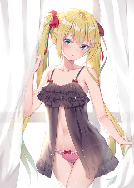Anime picture 2589x3623 with original alexmaster single long hair tall image looking at viewer blush fringe highres breasts blue eyes light erotic blonde hair hair between eyes standing twintails bare shoulders payot head tilt sleeveless