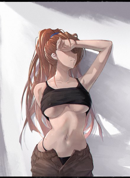 Anime picture 1859x2535 with granblue fantasy beatrix (granblue fantasy) yu pian single long hair tall image looking at viewer highres breasts light erotic brown hair large breasts standing ponytail arm up shadow underboob covering arm behind back covering eye (eyes)