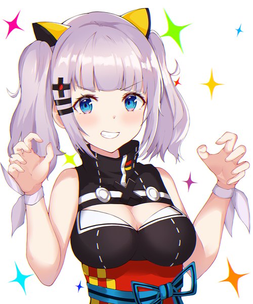 Anime picture 1000x1200 with virtual youtuber the moon studio kaguya luna tio (005) single tall image looking at viewer blush short hair breasts blue eyes simple background smile white background twintails bare shoulders cleavage silver hair upper body grin