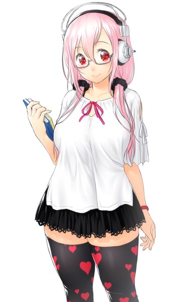 Anime picture 800x1300 with nitroplus super sonico onsoku inu single long hair tall image looking at viewer blush fringe breasts simple background smile hair between eyes red eyes standing white background twintails holding pink hair wide sleeves