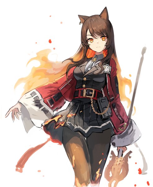Anime picture 1400x1705 with arknights skyfire (arknights) soyoong jun single long hair tall image looking at viewer simple background brown hair white background animal ears orange eyes outstretched arm girl weapon pantyhose belt black pantyhose fire