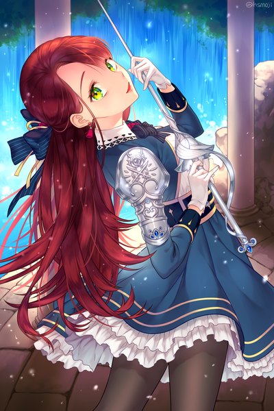 Anime picture 1200x1800 with original hsmoji single long hair tall image looking at viewer smile standing holding green eyes signed yellow eyes red hair parted lips head tilt looking back sparkle shadow leaning lipstick