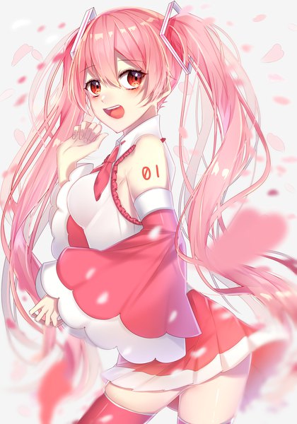 Anime picture 2800x4000 with vocaloid hatsune miku sakura miku motsuni (lxxe1120) single tall image fringe highres open mouth hair between eyes red eyes twintails looking away pink hair very long hair pleated skirt wind wind lift girl thighhighs
