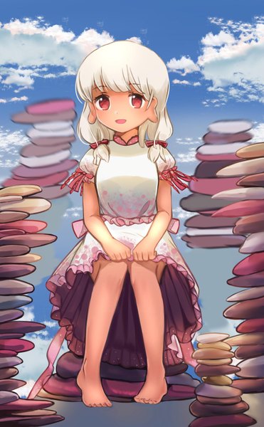 Anime picture 2000x3236 with touhou ebisu eika sly930105 single long hair tall image looking at viewer highres red eyes sitting twintails cloud (clouds) full body white hair barefoot low twintails girl dress stone (stones)