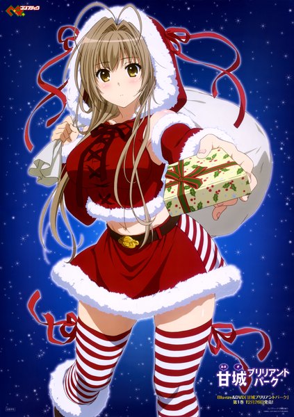 Anime picture 6077x8616 with amagi brilliant park kyoto animation sento isuzu single long hair tall image blush highres brown hair brown eyes absurdres official art fur trim girl thighhighs skirt hat detached sleeves fur hood