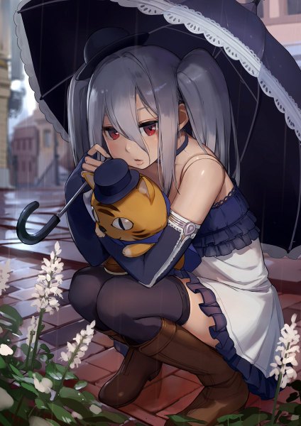 Anime picture 848x1199 with granblue fantasy orchis tetsuo (amenohutikoma) single long hair tall image looking at viewer blush fringe hair between eyes red eyes twintails bare shoulders holding bent knee (knees) outdoors parted lips grey hair sleeveless city