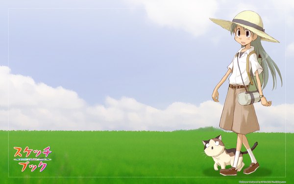 Anime picture 1920x1200 with sketchbook full colors kajiwara sora long hair highres open mouth wide image standing looking away sky cloud (clouds) full body outdoors grey hair black eyes short sleeves walking girl plant (plants) hat animal