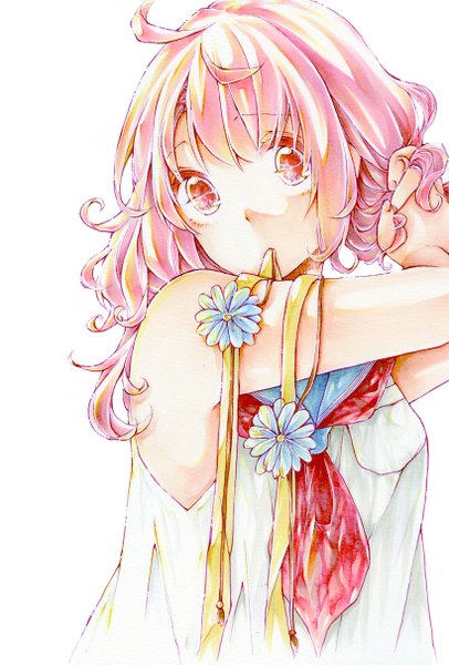 Anime picture 820x1210 with original kawana (spicaboy) single long hair tall image simple background white background bare shoulders holding looking away pink hair pink eyes mouth hold ribbon in mouth girl flower (flowers) ribbon (ribbons) hair ribbon sailor suit