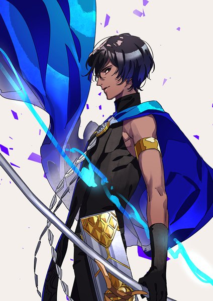 Anime picture 1240x1754 with fate (series) fate/grand order arjuna (fate) tenobe single tall image looking at viewer short hair black hair standing profile black eyes grey background dark skin boy weapon cape turtleneck bow (weapon)