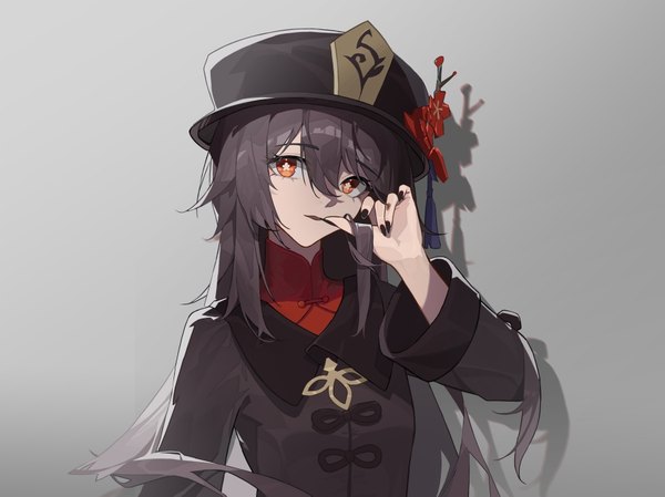 Anime picture 932x698 with genshin impact hu tao (genshin impact) lettereast single long hair looking at viewer fringe black hair simple background hair between eyes upper body nail polish grey background shadow orange eyes finger to mouth symbol-shaped pupils black nail polish girl hat